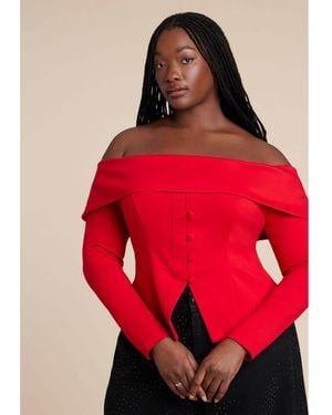 Eloquii Plus Size Fold Over Top With Front Button Detail - Red