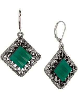 2028 Glass Rectangle Filigree Drop Earrings - Green