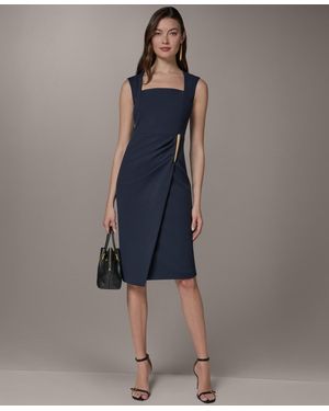 Donna Karan Square Neck Sheath Sleeveless Hardware Midi Dress - Blue