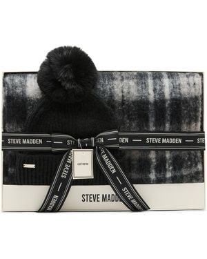 Steve Madden English Plaid 2-piece Beanie And Scarf Set - Black