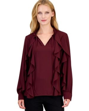 Anne Klein Long-sleeve Keyhole-neck Ruffle Blouse - Red