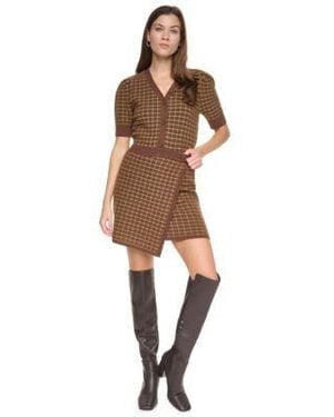 DKNY Plaid Cropped Puff Short Sleeve Cardigan High Waisted A Line Plaid Mini Skirt - Natural