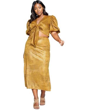 L I V D Plus Size Cheetah Foil Wrap Top And Midi Skirt Set - Metallic