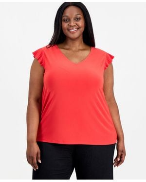 Anne Klein Essentials Plus Size Ruffle-sleeve V-neck Top - Red