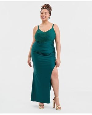 City Studios Trendy Plus Size Beaded-top Side-slit Gown - Green