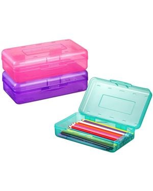 Gnuadz 3 Pack Pencil Case Hard Box Clear Pen Organizer Plastic Storage Container Snap Lid Art School Supplies - Pink