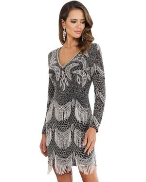 Lara Long Sleeve Beaded V-neck Fringe Cocktail Dress - Gray