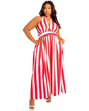 Buxom Couture Plus Size Stripe Halter Neck Maxi Dress - Red