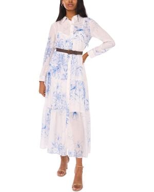 Msk Long-sleeve Collared Tiered Skirt & Belt Dress - White