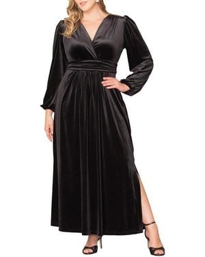 Kiyonna Plus Size Vivienne Long Sleeve Velvet Evening Gown - Black