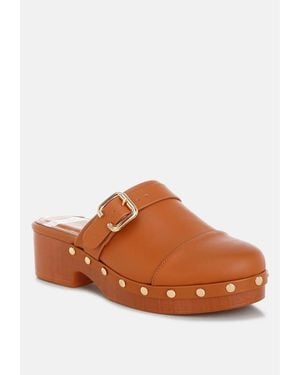 Rag & Co Pinto Studded Genuine Leather Clogs - Brown