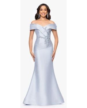 Betsy & Adam Betsy Adam Off The Shoulder Gown - Blue