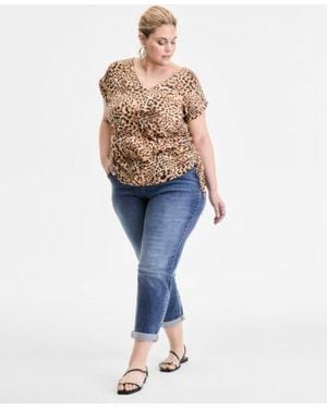 INC International Concepts Plus Size Printed Side Tie V Neck Top Slim Tech Rolled Cuff Boyfriend Jeans Exclusively At Macys - Blue