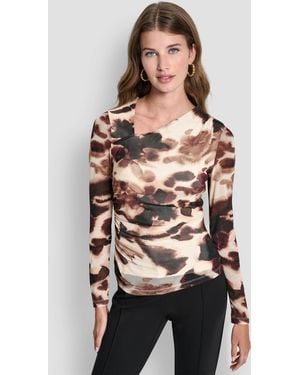 DKNY Petite Asymmetrical Neck Side Ruched Top - Natural