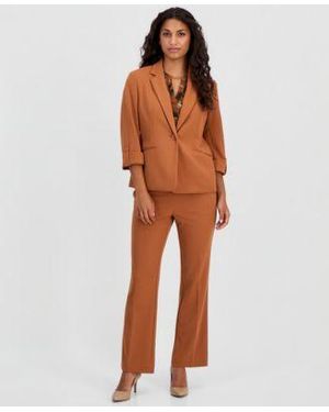 Anne Klein Essentials Petite Knit Roll Tab Blazer Elbow Sleeve Split Neck Top Petite Pull On Knit Pants - Orange