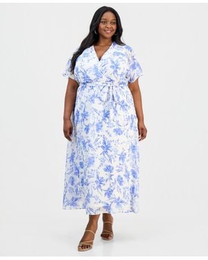 Sandra Darren Plus Size Printed Flutter-sleeve Maxi Dress - Blue