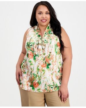 Kasper Plus Size Printed Tie-neck Sleeveless Blouse - Green