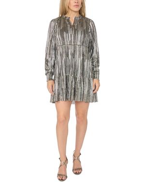 Msk Petite Crinkle Foil F&f Metallic Long-sleeve Fit & Flare Dress - Gray