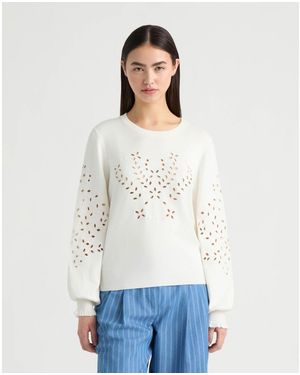 NVLT Long Sleeve Eyelet Crew Neck Sweater - White