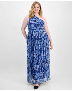 B Darlin Trendy Plus Size Printed One-shoulder Gown - Blue