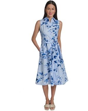 Calvin Klein Floral Sleeveless Collared Midi Shirtdress - Blue