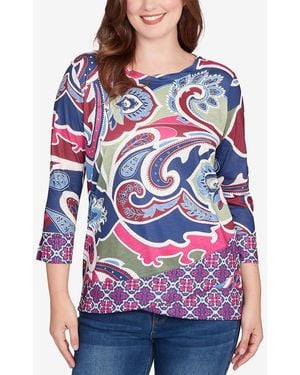 Ruby Rd. Petite Geo Paisley Border Top - Blue