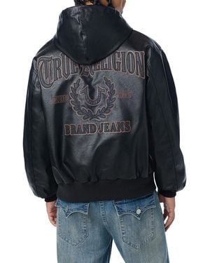 TRUE RELIGION Faux Leather Hooded Moto Jacket - Black