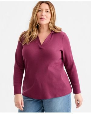 Style & Co. Plus Size Long-sleeve V-neck Waffle-knit Hoodie - Red