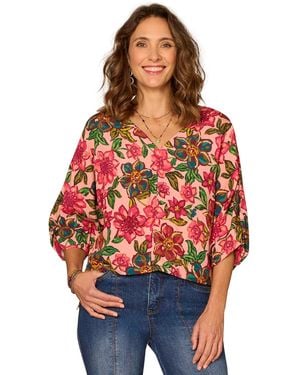 Democracy Petite Floral Kimono-sleeve V-neck Woven Top - Red