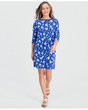 Style & Co. Petite Printed Knit Envelope-neck 3/4-sleeve Dress - Blue