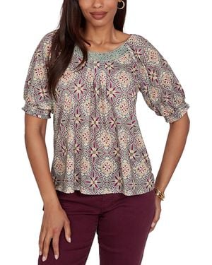 Ruby Rd. Petite Desert Geo Print Lace Trim Knit Top - Red
