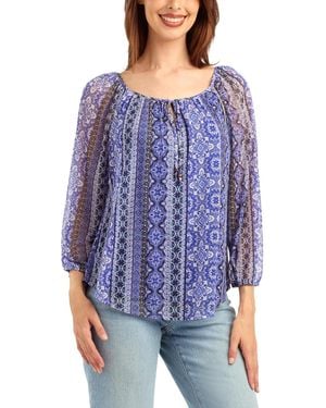 Bcx Print Mesh Scoop Neck Peasant Top - Blue