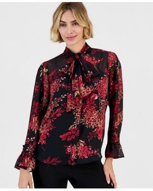 Anne Klein Long-sleeve Bow-front Floral-print Blouse - Red