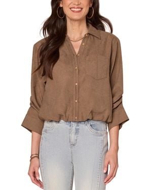 Democracy Petite Ruched-sleeve Bubble-hem Shirt - Brown