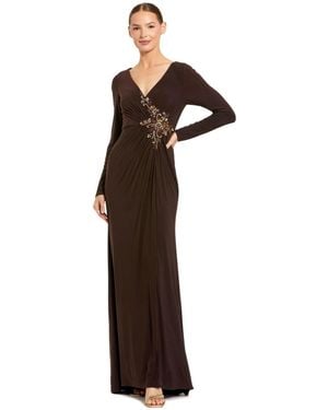 Mac Duggal Faux Wrap Long Sleeve Evening Gown - Brown
