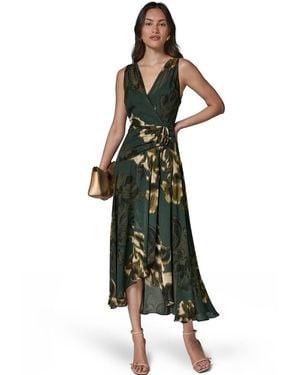 Donna Karan Sleeveless Printed Chiffon Surplice Neck Dress - Green