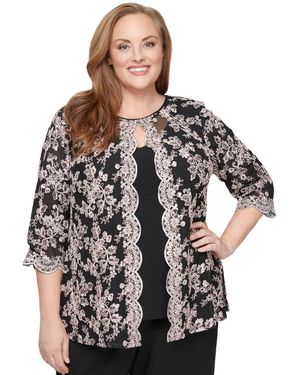 Alex Evenings Plus Size Embroidered Crewneck Top - Black