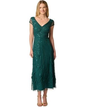 Adrianna Papell Beaded Cap-sleeve V-neck Midi Dress - Green