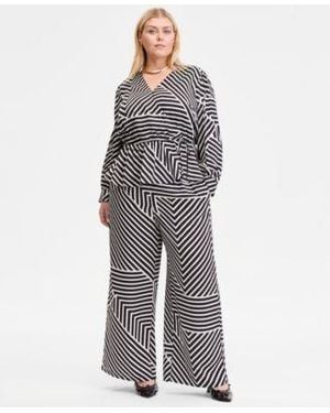 INC International Concepts Plus Size Printed Blouson Sleeve Peplum Top Printed Wide Leg Pull On Pants Macys Exclusive - Gray