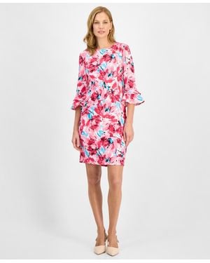 Kasper Printed Ruffle-sleeve Sheath Dress - Red
