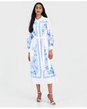 Anne Klein Petite Collared Neck Midi Shirt Dress - Blue