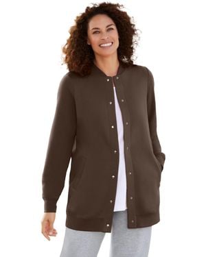 Woman Within Plus Size Within Fleece Baseball Jacket - Brown