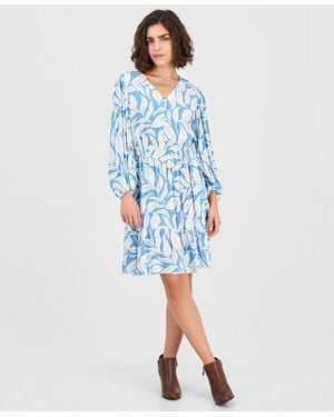 Style & Co. Printed Long Sleeve V-neck Dress - Blue