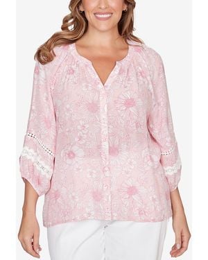 Ruby Rd. Plus Size Floral Silky Gauze Peasant Top - Pink