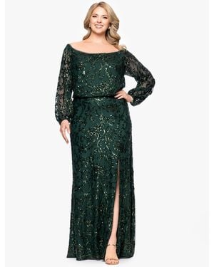 Xscape Plus Size Sequin Off-the-shoulder Side-slit Gown - Green