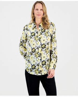 Kasper Floral-print Satin Button-front Top - Natural