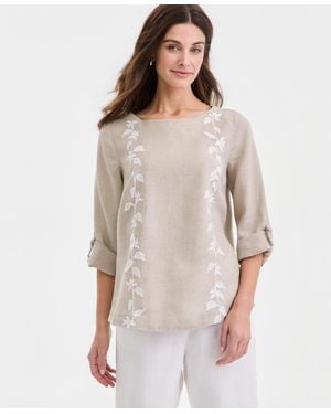 Charter Club 100% Linen Floral-embroidered 3/4-sleeve Top - Gray