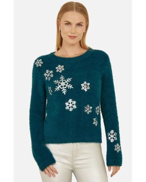 Yumi' Sequin Snowflake Fluffy Sweater - Green