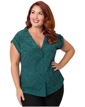 Unique Vintage Plus Size 1960s Twill Sleeveless Blouse - Green
