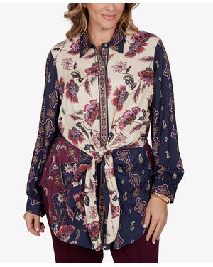 Ruby Rd. Plus Size Wov Garden Floral-print Long-sleeve Blouse - Red